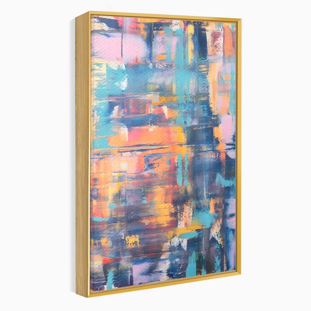 Tablou canvas cu pictura abstracta cu linii verticale, in rama de aluminiu auriu